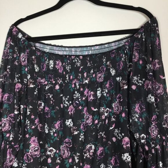 On off shoulder roses print long raunched sleeve blouse peasant milkmaid boho XL - Picture 2 of 8